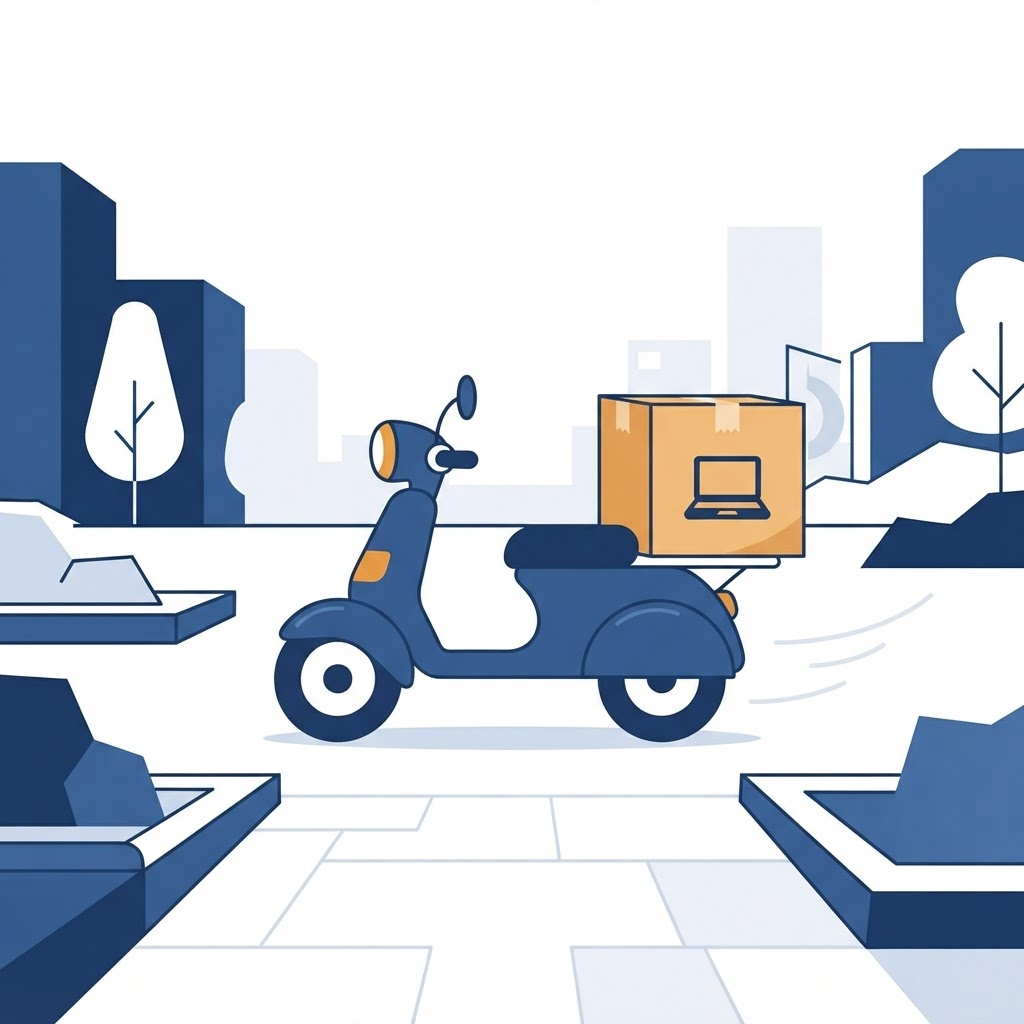 Illustration of a small van making a free pickup-and-drop delivery of a laptop box in a Mira-Bhayandar street